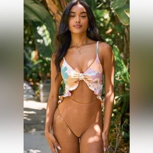 Lulus Carl Pink Floral and Brown Glitter Cutout
One-Piece Swimsuit